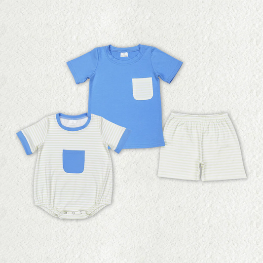 Match Baby Boys Blue Pocket Sibling Brother Rompers Clothes Sets