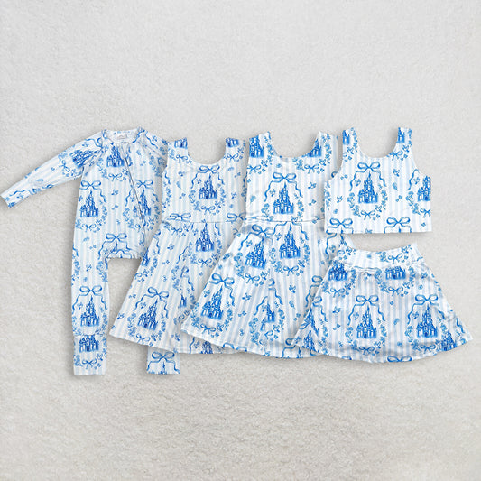 Sibling Baby Girls Blue Castle Athletic Active Wear Outfit with Top Shorts And Knee-Length Skirt Active Dresses for Kids