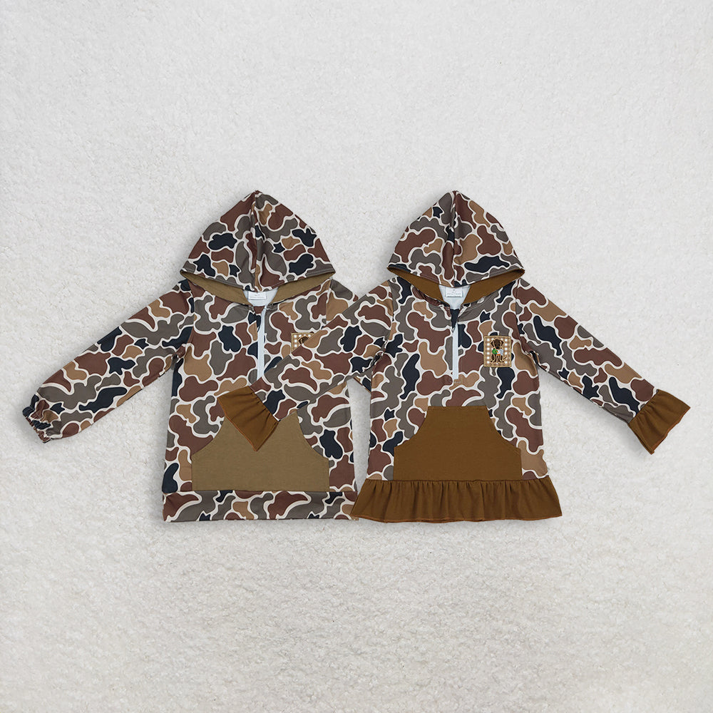 Sibling Baby Kids Brown Camouflage Embroidery Hoodie with Dog Duck Pocket Zipper Hunting Top for Children