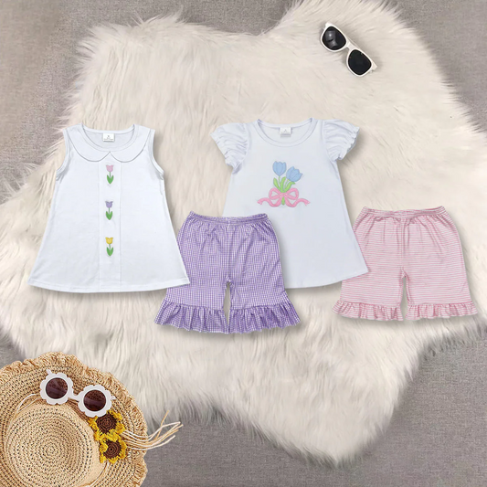 Match Embroidery Baby Girls Flowers Bows Tops Ruffle Shorts Clothes Sets D 5.22