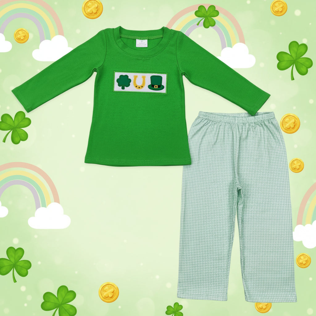 baby boy green st patrick embroidery pants set