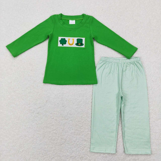 BLP0376 Embroidered four-leaf clover green long-sleeved plaid trousers suit