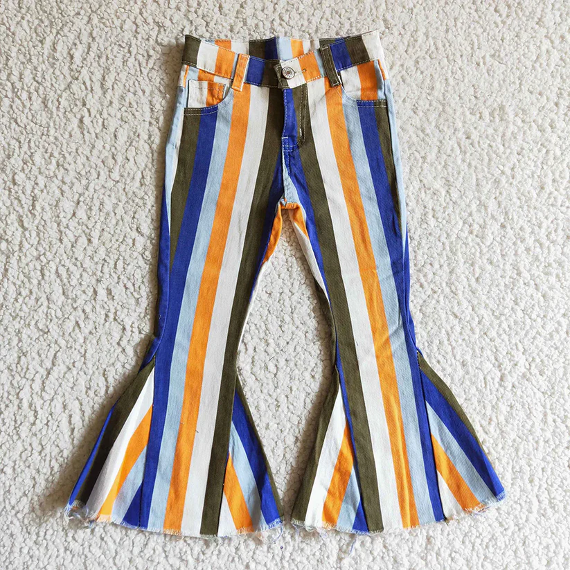 Sibling Baby Girls Colorful Stripes Bell Bottom Denim Jeans Pants D 927