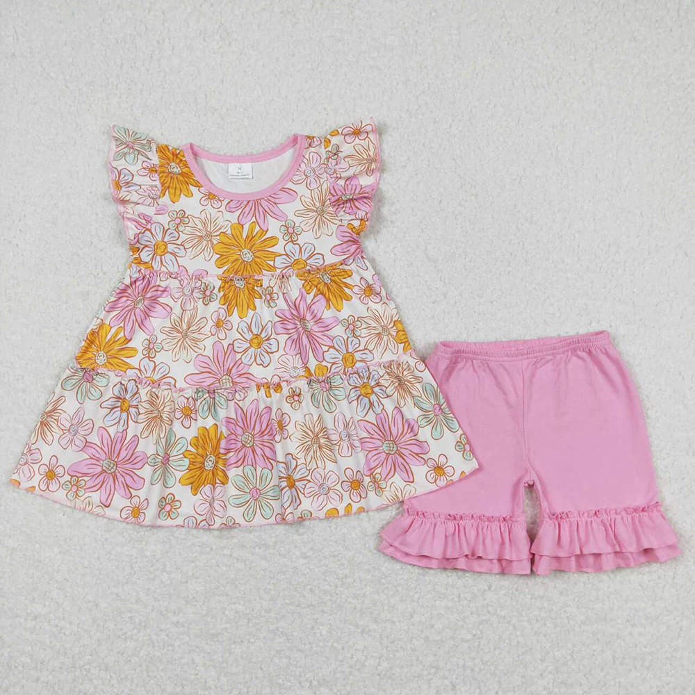 Match Baby Girls Flowers Tunic Shorts Summer Clothes Sets