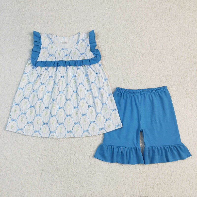 Match Baby Girls Blue Bows Flowers Rompers Dresses Clothes Sets