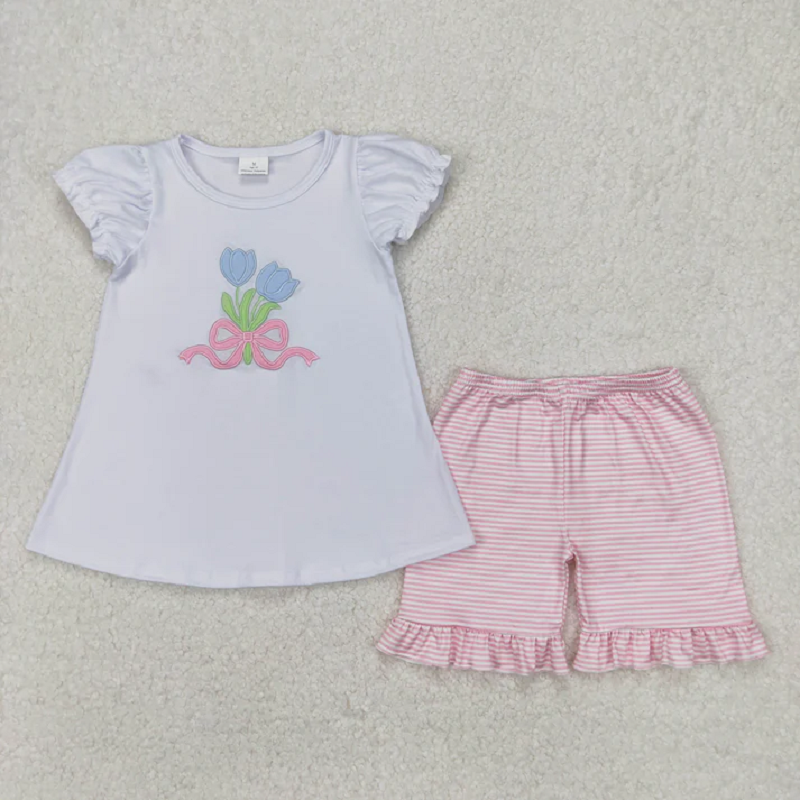 Match Embroidery Baby Girls Flowers Bows Tops Ruffle Shorts Clothes Sets D 5.22