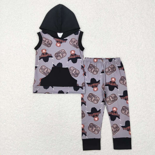 BSPO0069 Boys Alpine Gray Hooded Pocket Sleeveless Pants Suit