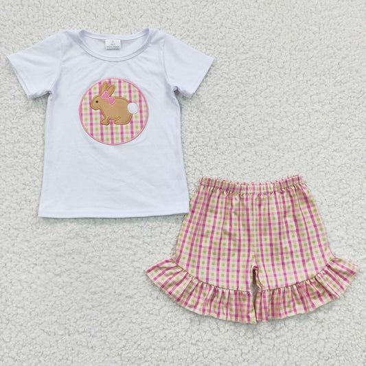 girl Easter bunny embroidery ruffle shorts set