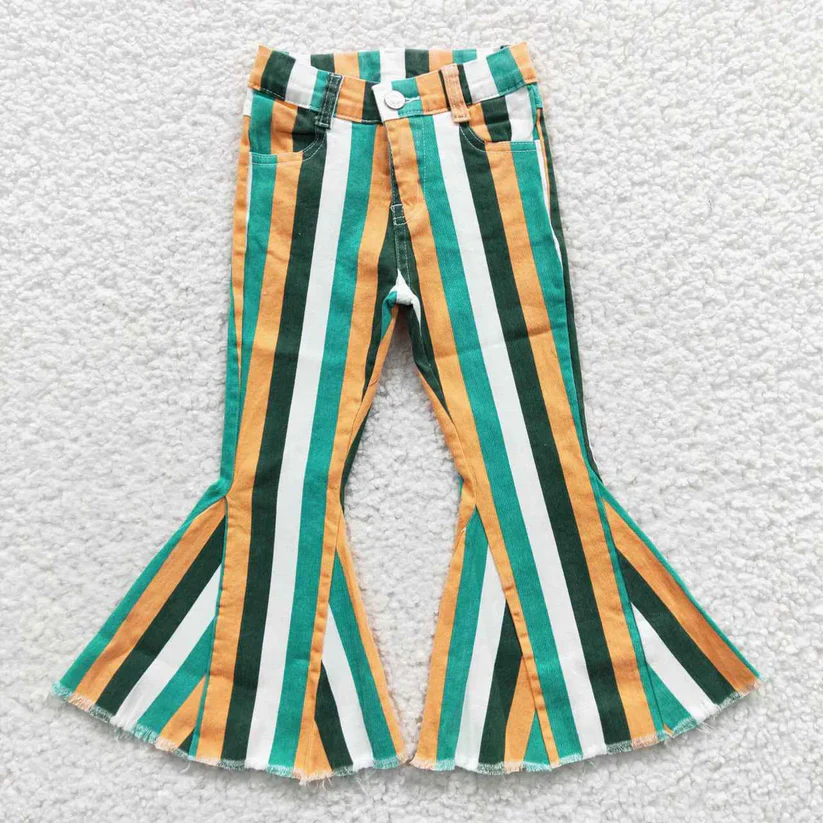 Sibling Baby Girls Colorful Stripes Bell Bottom Denim Jeans Pants D 927