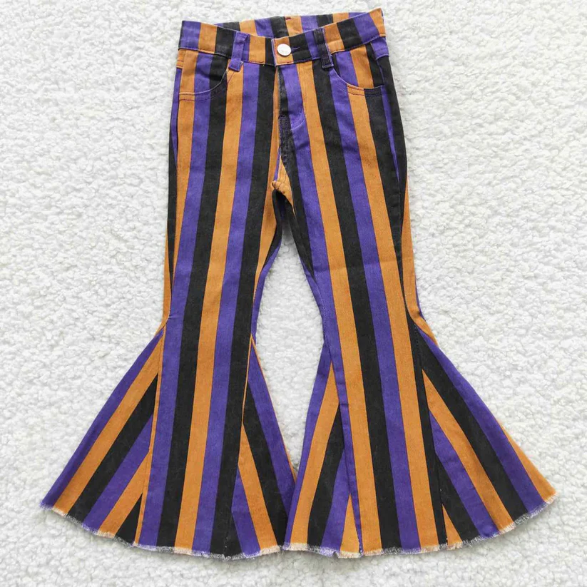 Sibling Baby Girls Colorful Stripes Bell Bottom Denim Jeans Pants D 927