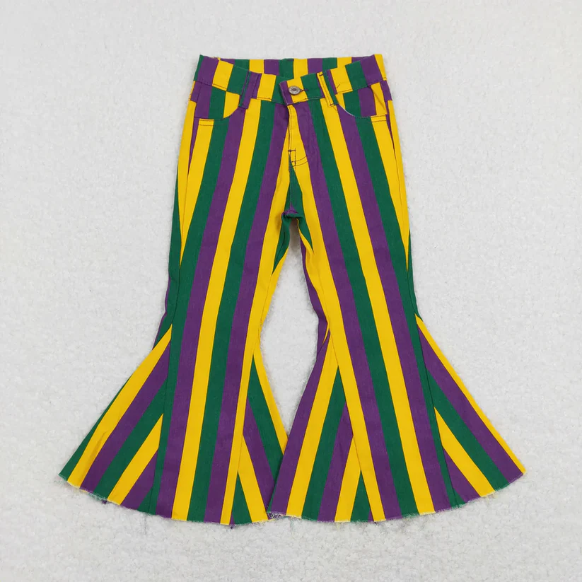 Sibling Baby Girls Colorful Stripes Bell Bottom Denim Jeans Pants D 927