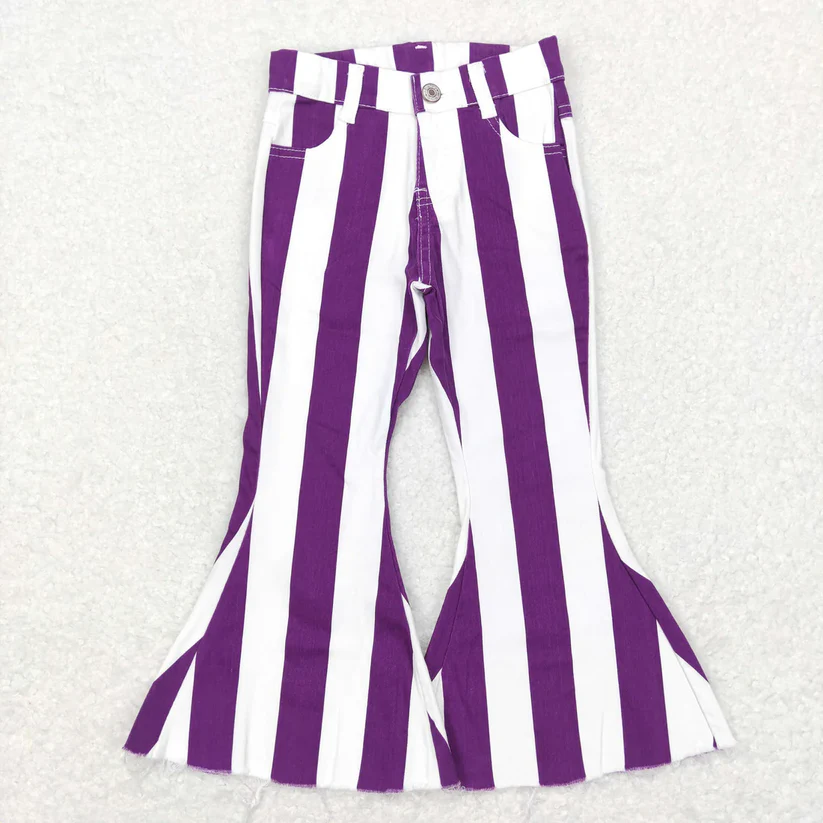 Sibling Baby Girls Colorful Stripes Bell Bottom Denim Jeans Pants D 927