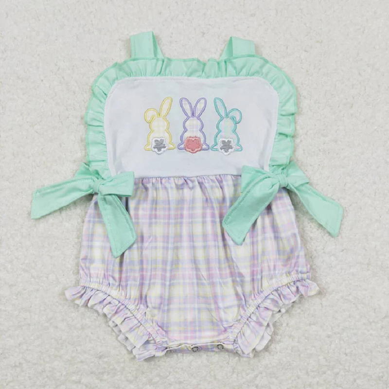 Match Baby Girls Embroidery Easter Bunny Rabbits Rompers Outfits Suits