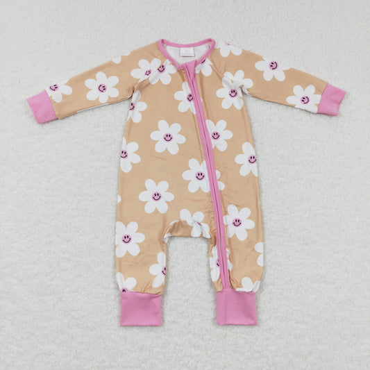 LR0732 Floral Yellow Pink Zip Long Sleeve Jumpsuit