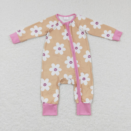 LR0732 Floral Yellow Pink Zip Long Sleeve Jumpsuit