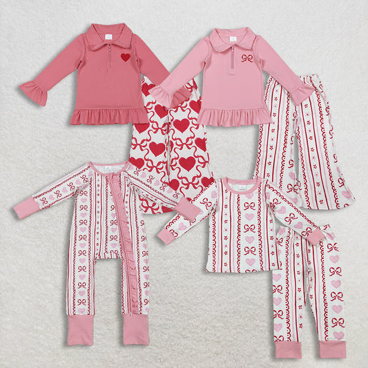 Sibling Baby Girls Pink Hearts Bows Stripes Valentines Pajamas Sets Ruffle Zipper Rompers  D 1206