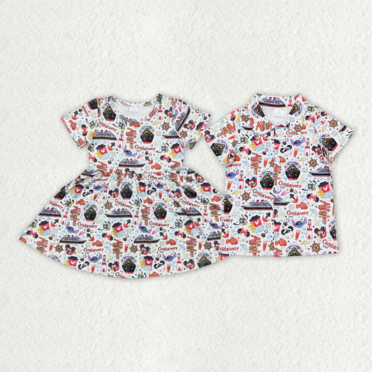 Match Boys Baby Girls Cartoon Mours Boat Shirt Dresses