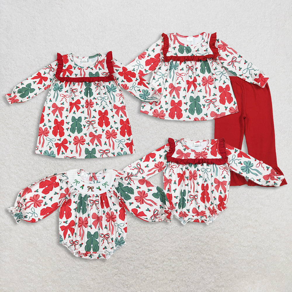 Sibling Baby Girls Christmas Red Green Bows Rompers Dresses Outfits   D 1027