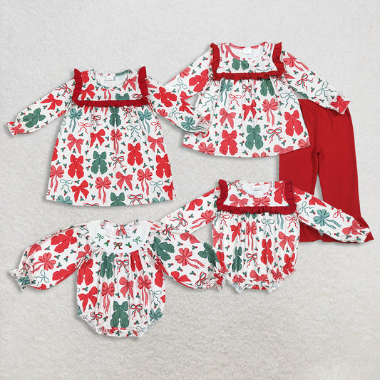 Sibling Baby Girls Christmas Red Green Bows Rompers Dresses Outfits   D 1027