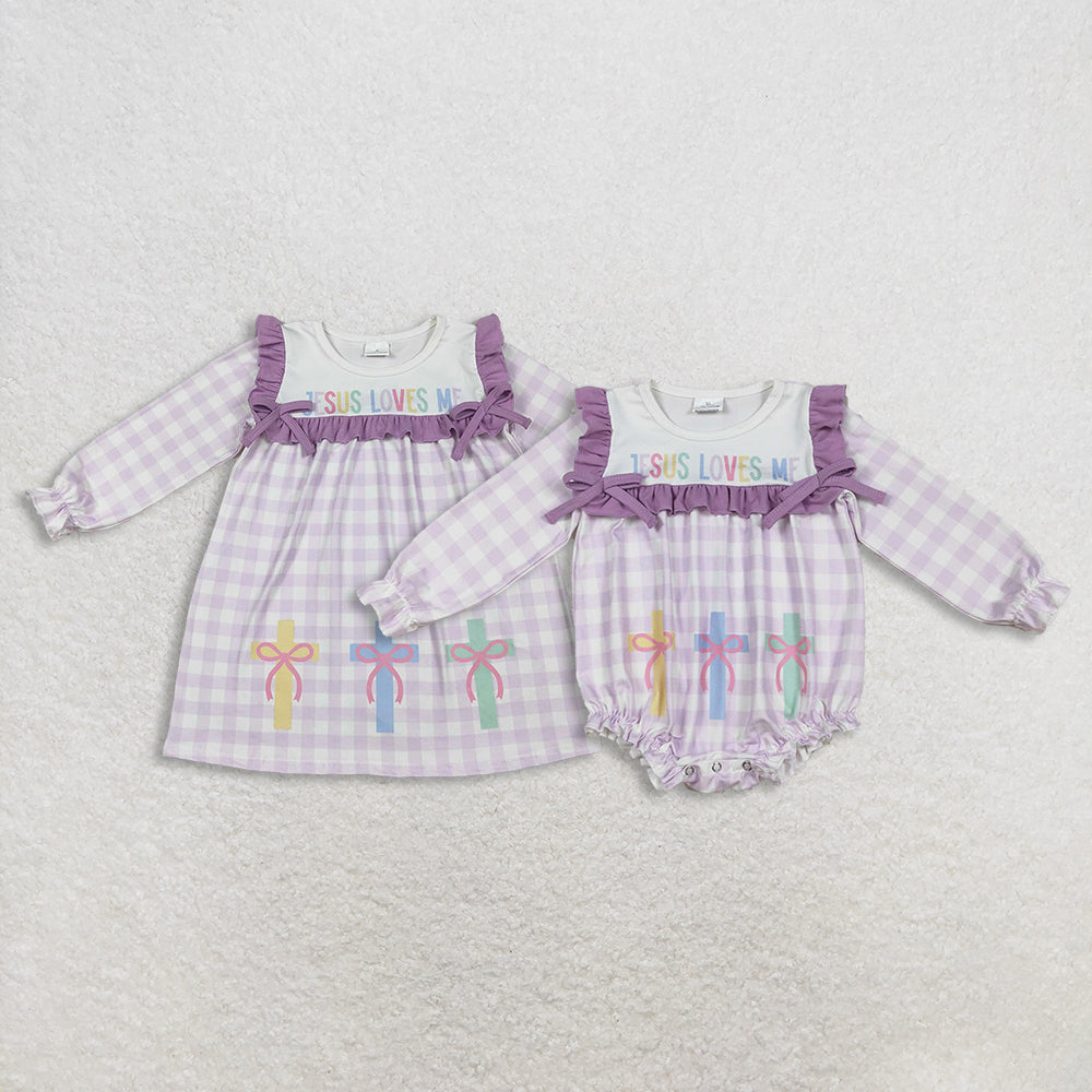 Sibling Baby Girls Lavender Checked Jesus Love Me Crosses Knee Length Dress Romper  D 1027