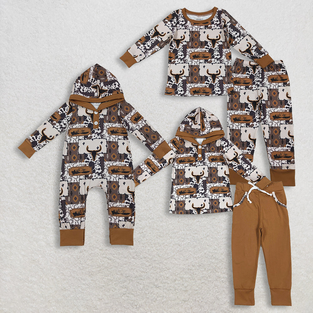 Sibling Baby Boys Bull Skull Aztec Checked Top Pants Western Pajamas Set Romper  D 1206