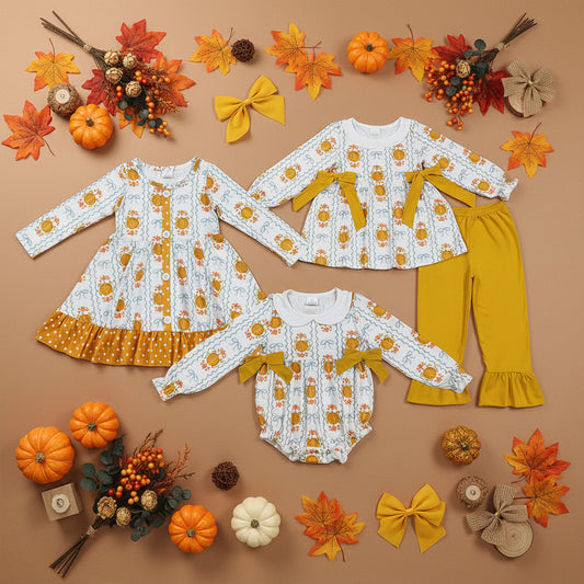Sibling Baby Girls Yellow Pumpkins Bows Plaid Tunic Ruffle Pant Fall Set Romper Dress