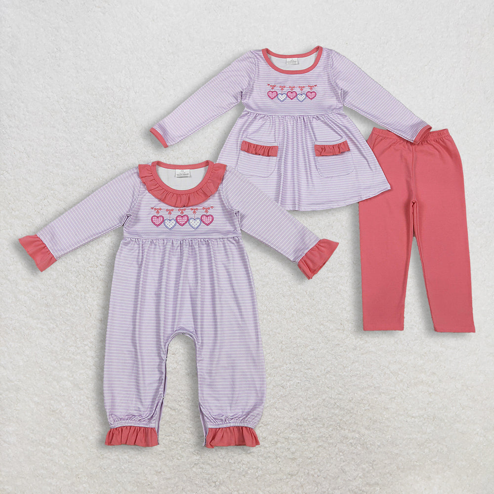 Sibling Baby Girls Embroidery Bows Hearts Stripe Leggings Valentines Clothes Sets Rompers   D 1206