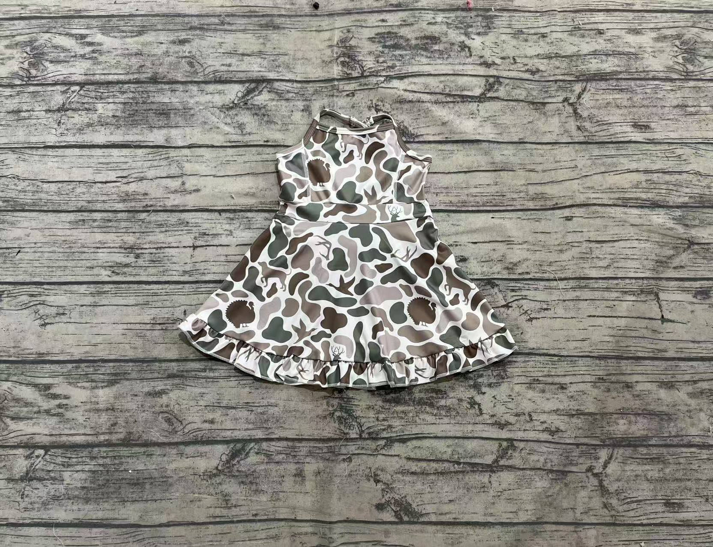 GSD2311 Baby Girls Strap Green Deer Dogs Ducks Camo Yoga Ruffle Knee Length Dresses  D 4.3