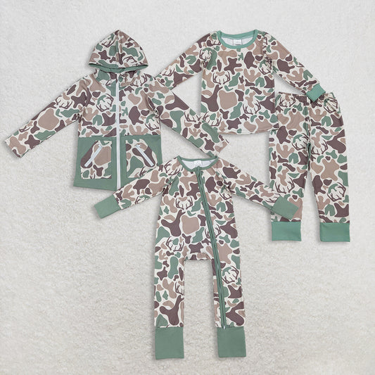 Sibling Baby Boys Green Brown Deer Camo Hunting Pajamas Sets Zipper Rompers Hoodies Top D 1028