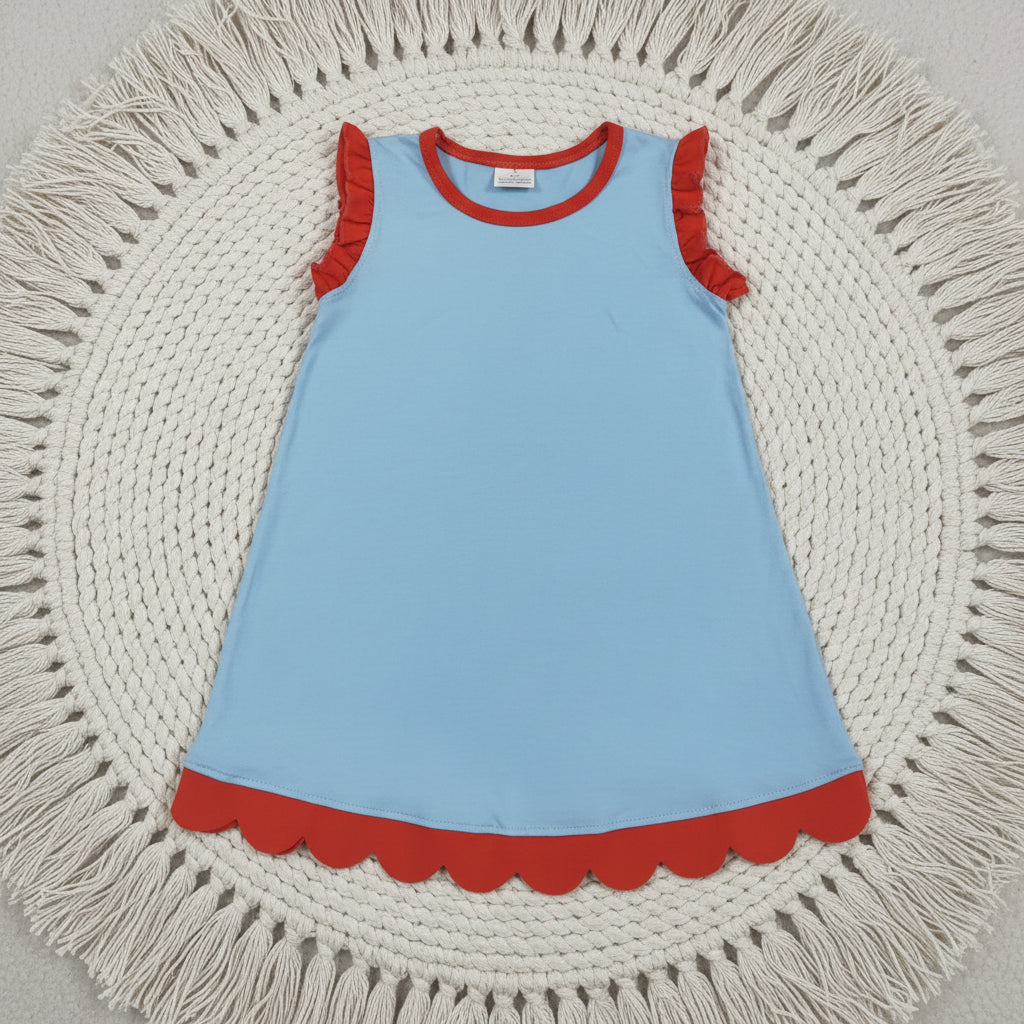 solid blue red scallop dress