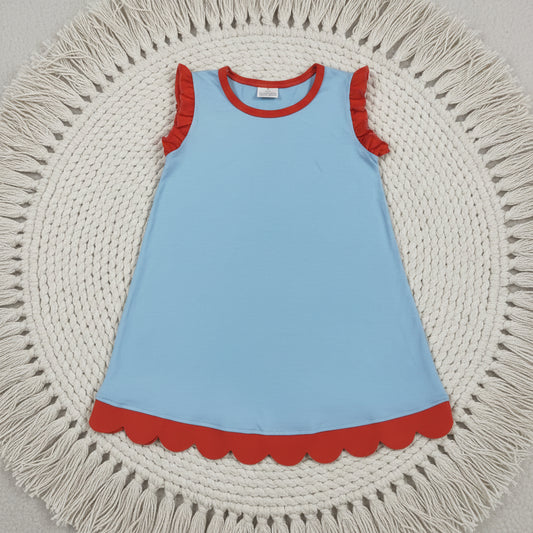 solid blue red scallop dress