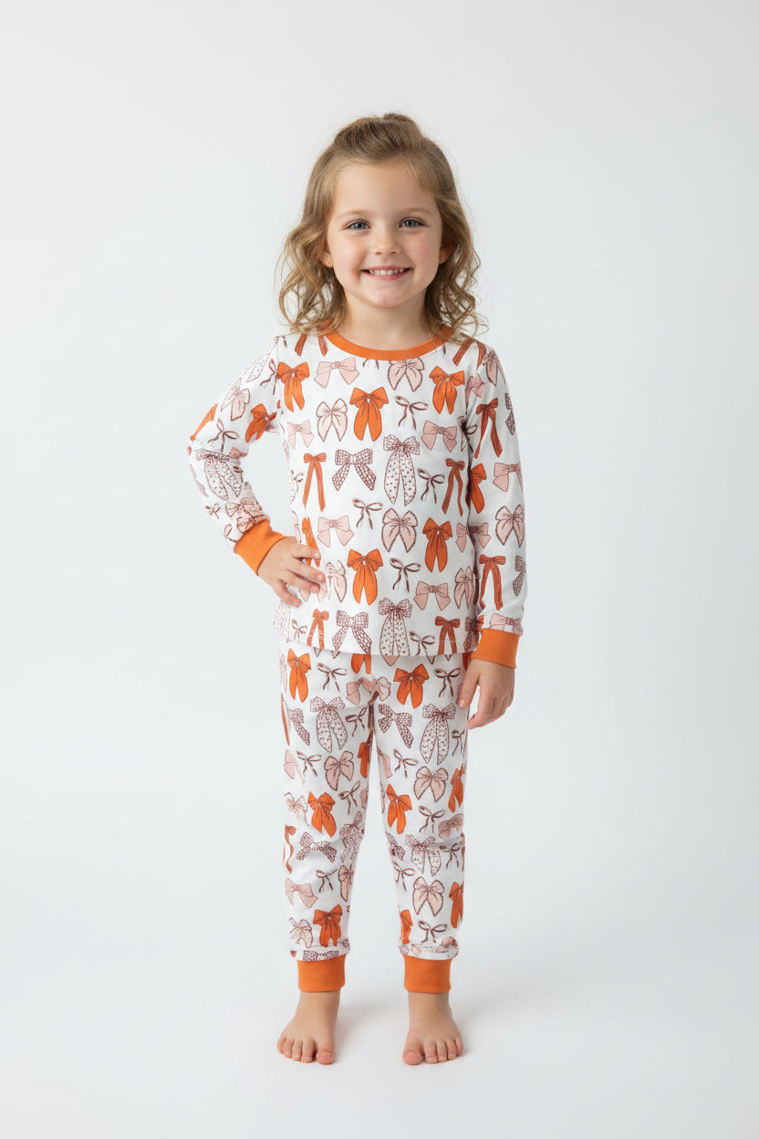 fall orange coquette bow two pieces girl pajamas