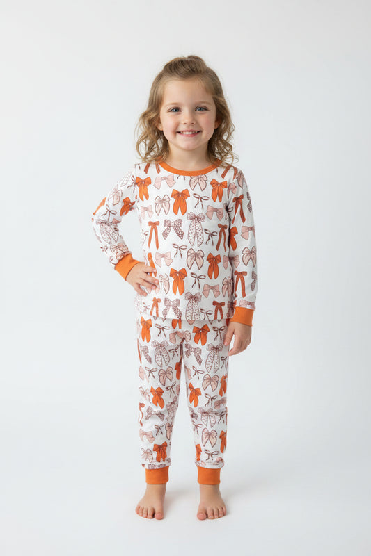 fall orange coquette bow two pieces girl pajamas