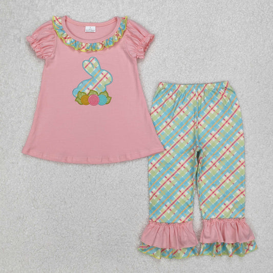 bunny embroidery girl easter ruffle pants set
