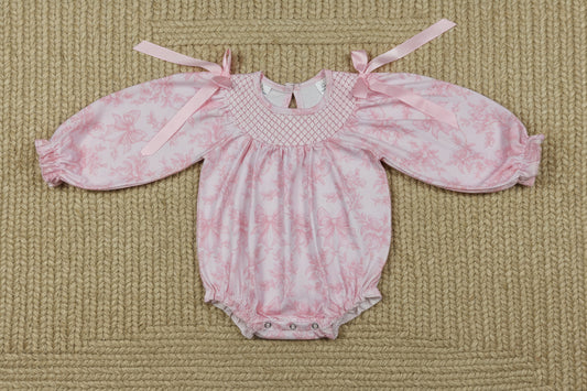 long sleeve pink floral coquette smock bubble romper