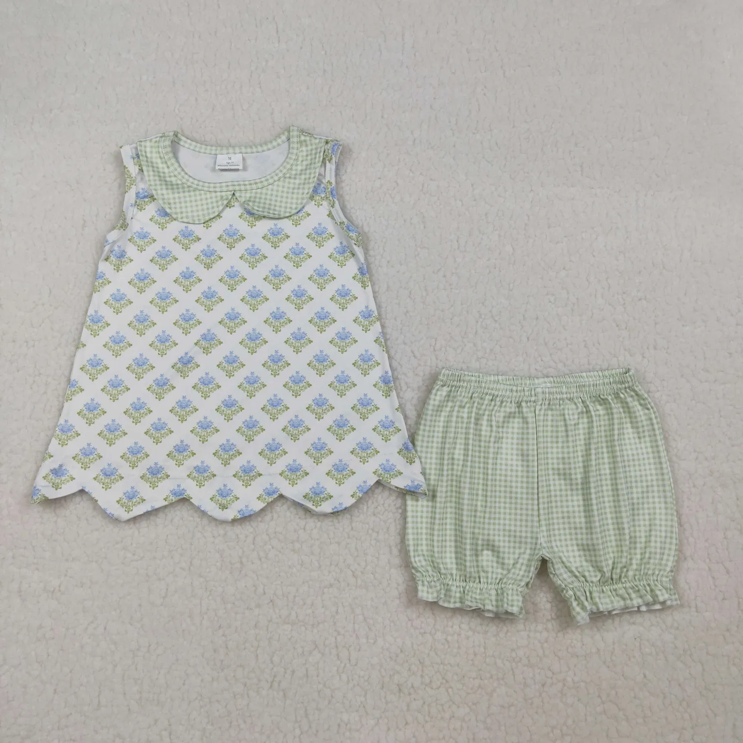 Sibling blue flower bloomer set and bubble girl clothing