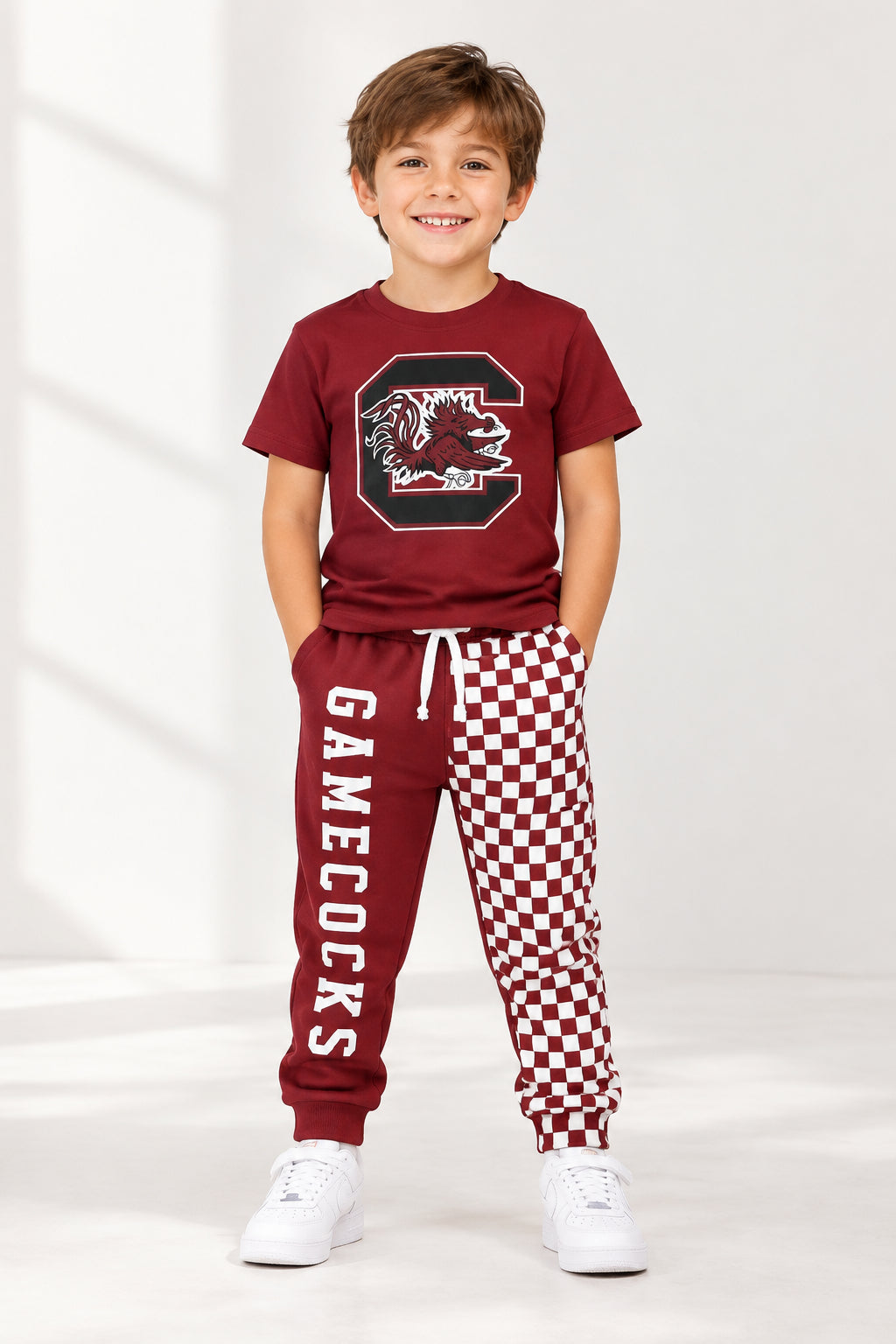 digital print Gamecocks maroon check kids outfit