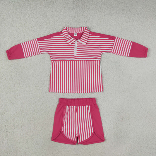 long sleeve hot pink striped pullover shorts athletic outfit