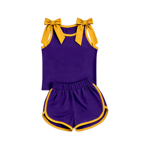 Custom order MOQ 5 PCS CUSTOM STYLE SCHOOL TEAM SOLID PURPLE GOLD BOWS GIRLS SHORTS SET