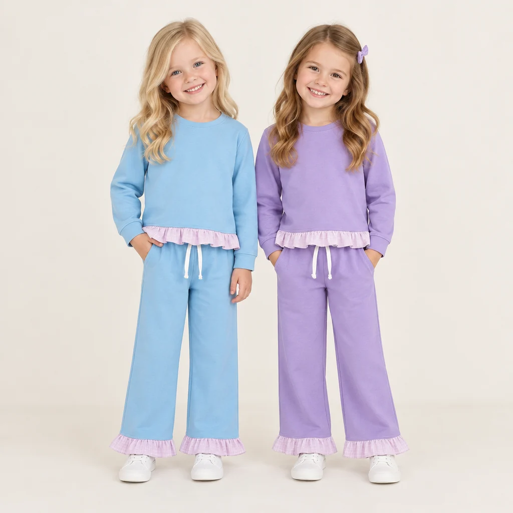 Matching girls solid long sleeve ruffle clothing cotton