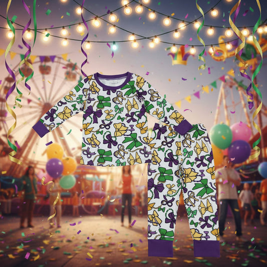 purple green gold bow coquette kids mardi gras pajama set
