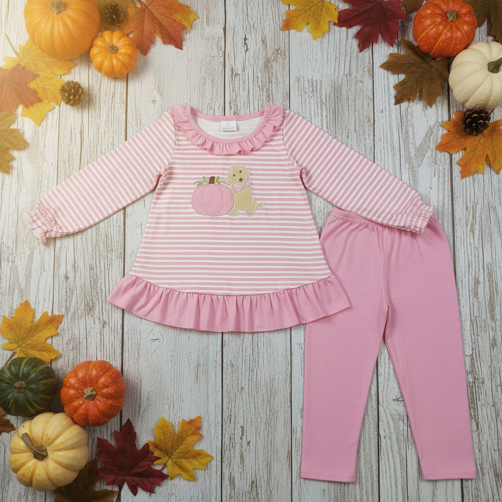 pink embroidery puppy pumpkin stripes tunic leggings Fall Clothes Sets