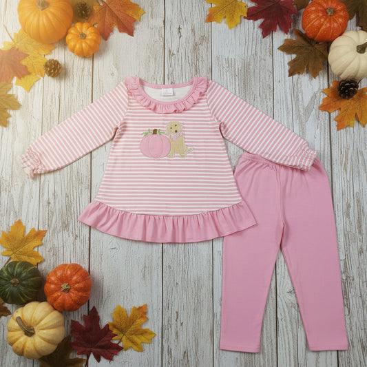 pink embroidery puppy pumpkin stripes tunic leggings Fall Clothes Sets