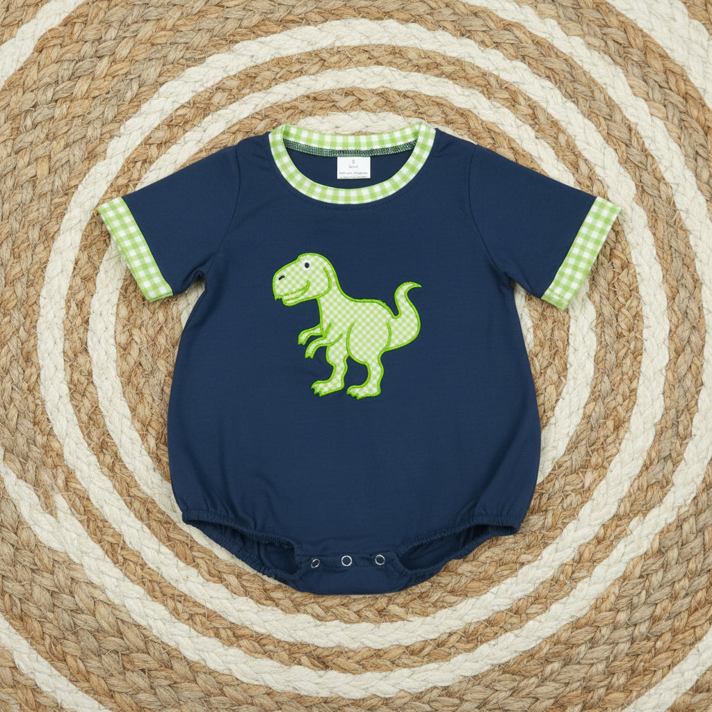SR4113 gingham dinosaur embroidery bubble romper baby clothes