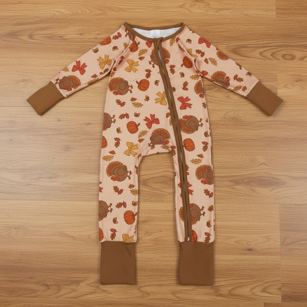 turkey print thanksgiving day baby boy zipper sleeper