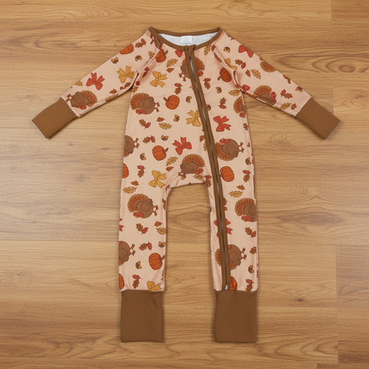 turkey print thanksgiving day baby boy zipper sleeper