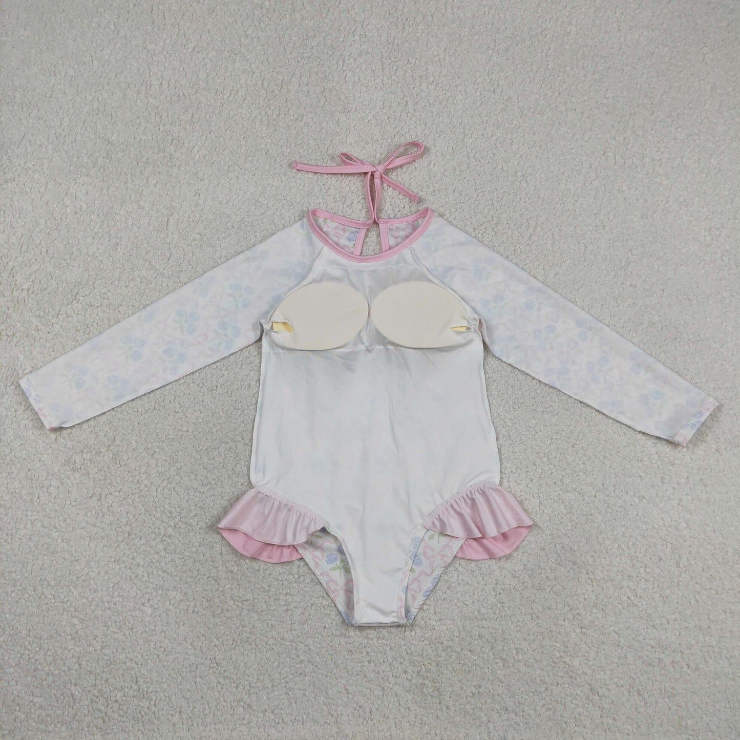 S0655 Blue Hydrangea Bouquet with Pink Bow Long Sleeve One Piece Rash Guard
