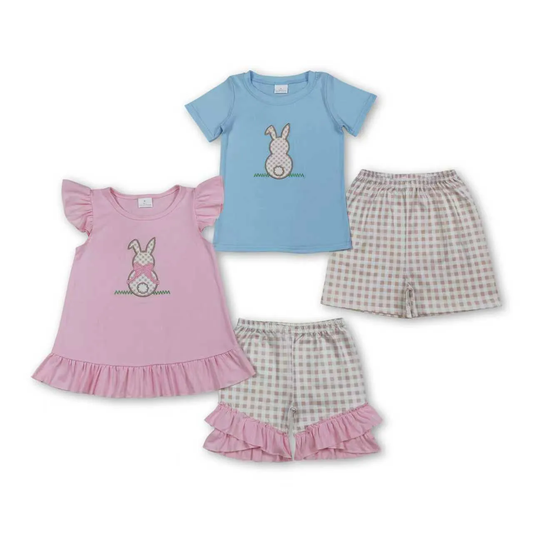 Sibling embroidery gingham bunny shorts set