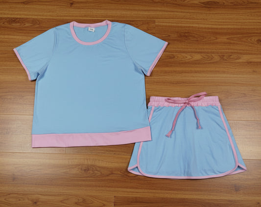 adult clothes women solid blue cotton skort set