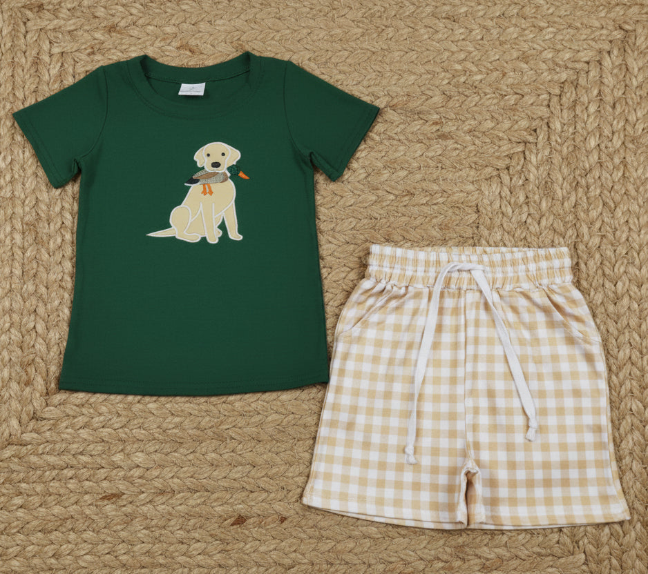 hunting dog embroidery boy shorts set summer clothes